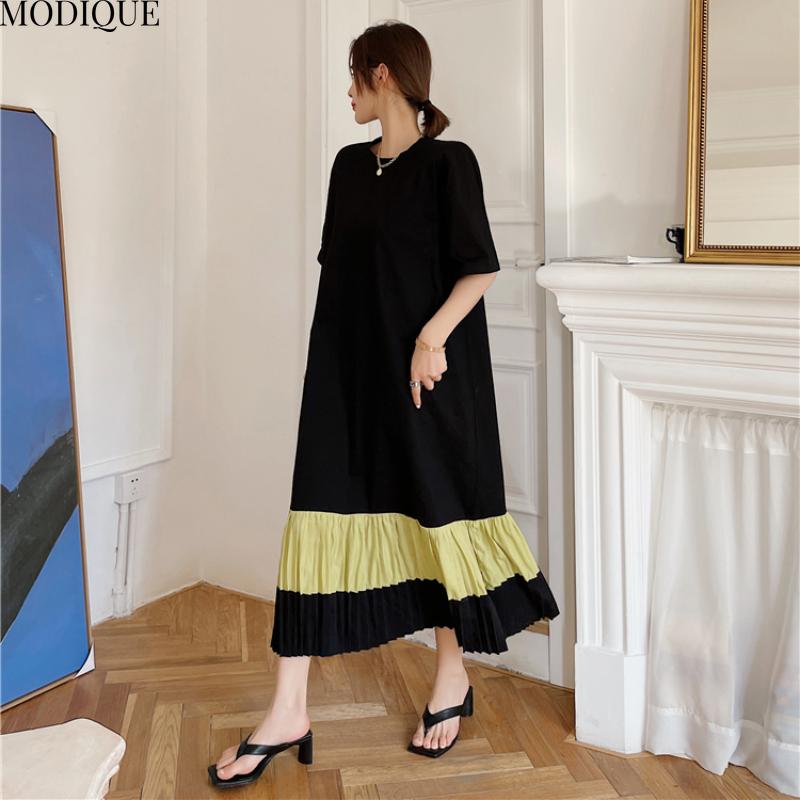 MODIQUE Sommer Plus Size Neue Damen Lose Minimalistische Streifen Plissee Patchwork Lange Kleider Weibliche Casual Kurzarm O-Ausschnitt Kleider