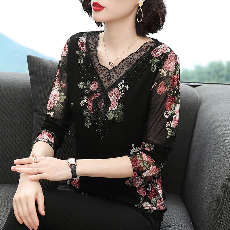 Autumn Black Long-Sleeve Printed Pullover: Mid-Length, Loose-Fit, Round-Neck T-Shirt