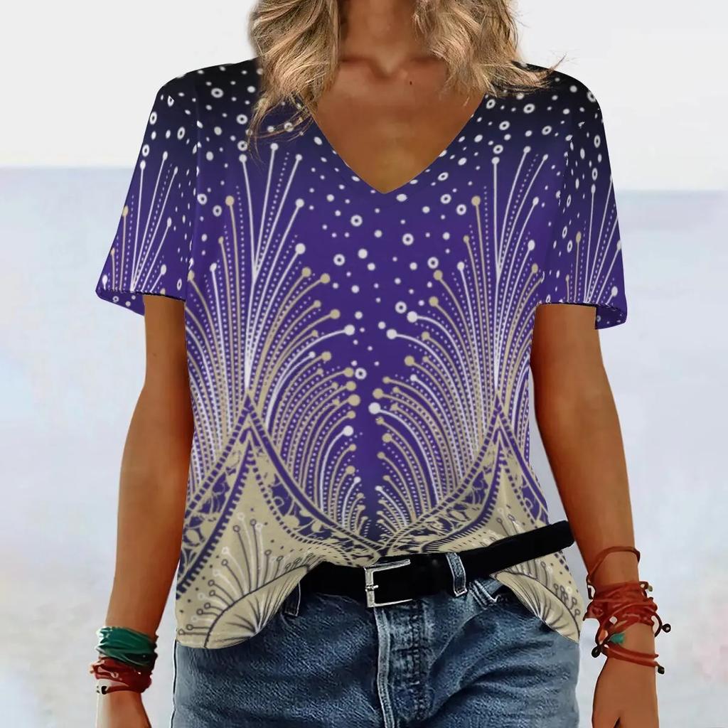 Summer V-neck 3D Gradient Printed Top Fashionable Casual Short Sleeved Women's T-shirts