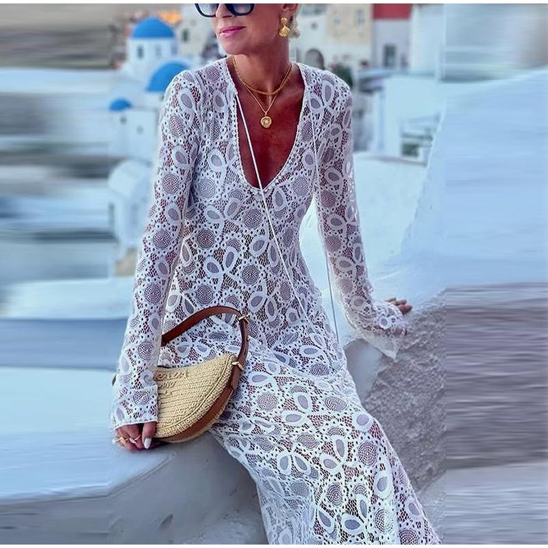 Elegant See Through Split Dress Women White Lace Up Deep V-neck Long Sleeve Female Dresses Loose Lady Dress