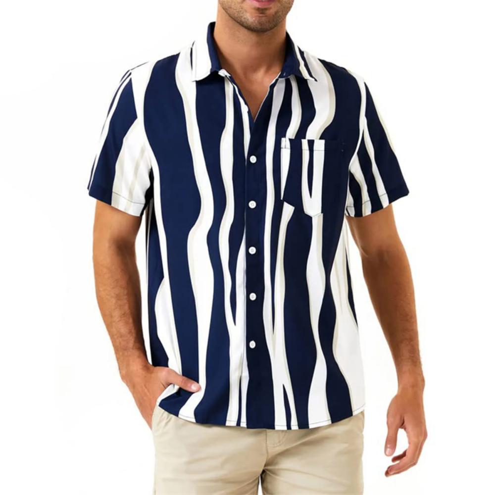 New Men's Striped Print Shirt, Casual Short Sleeve Turn-down Collar Summer Tops