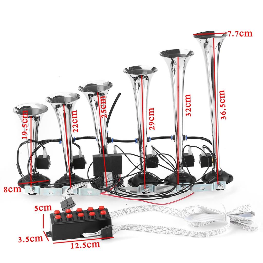 12-24V 6 Trumpet Car Air Horn Kit Ultra Loud 10 Different Sounds Control 1 pc Silver