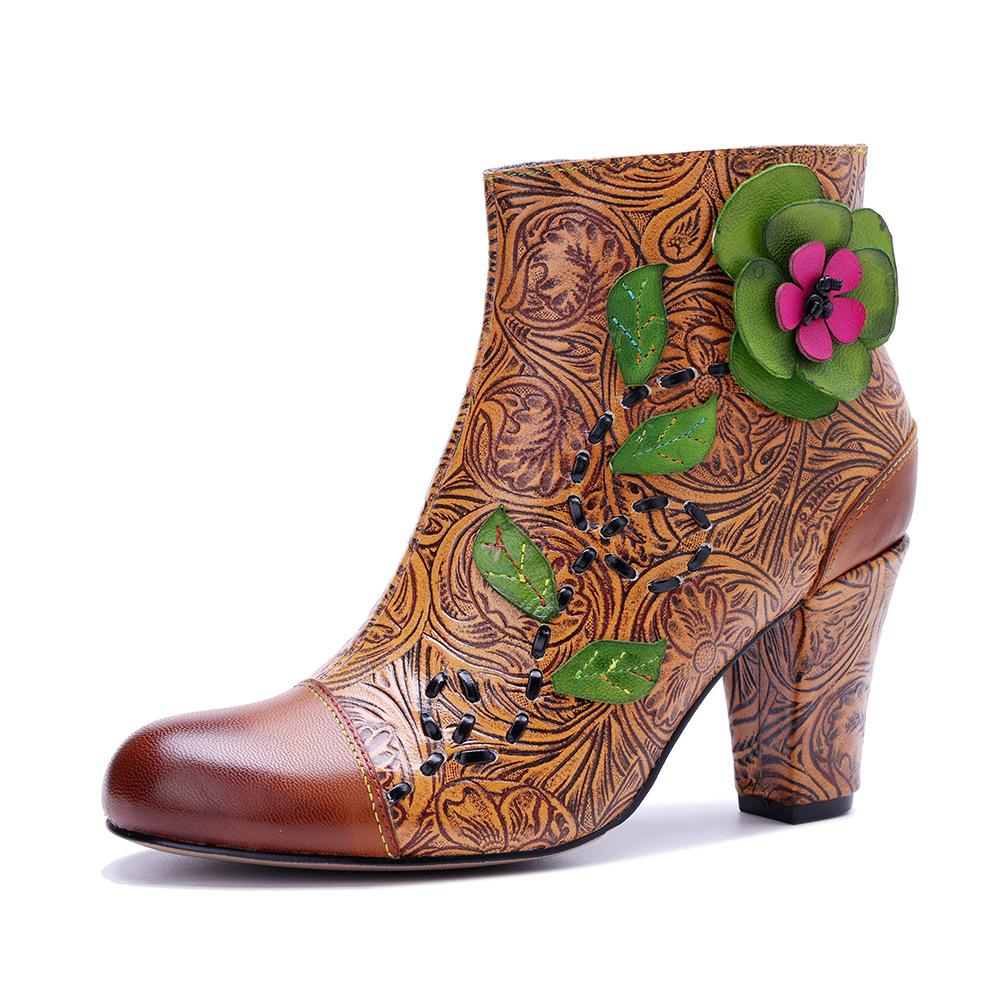 

Johnature Genuine Leather Printed High-heeled Short Boots Vintage Flower Thick Heel Side Zipper Women s Boots 42 коричневый