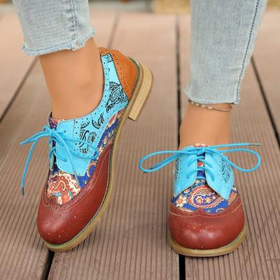 Herbst Neu Britischer Stil Geschnitzte Schnürung Flache Einzelne Schuhe Damen Farbblock Runde Spitze Lässig Kleine Lederschuhe