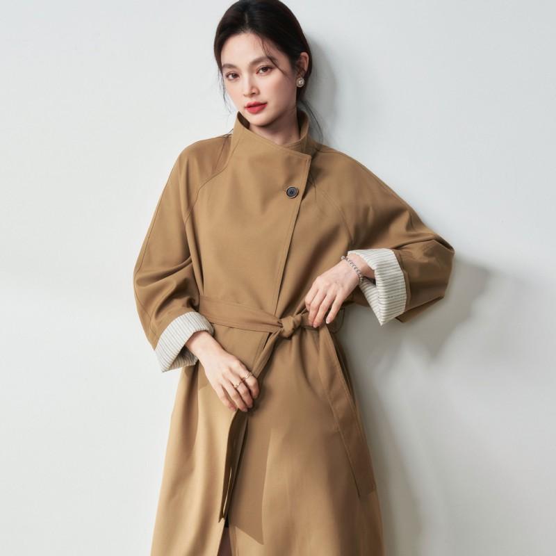 Womens Minimalist Stand Collar Long Trench Coat Loose Fit Casual Commuter Outerwear In Beige Khaki