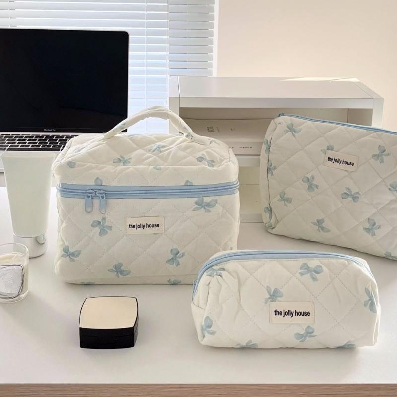 Cute Bow Cotton Cloth Makeup Bag Women Zipper Cosmetic Organizer Female Handbag Box Shape Portable Toiletry Case for Girls