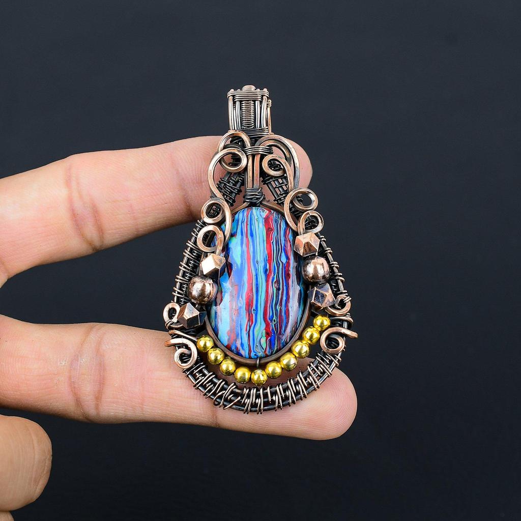 Rainbow Calcilica 999 Copper Wire Wrapped Pendant, Handmade Gemstone Pendant Jewelry, Gifts For Wife Brand New Pendant