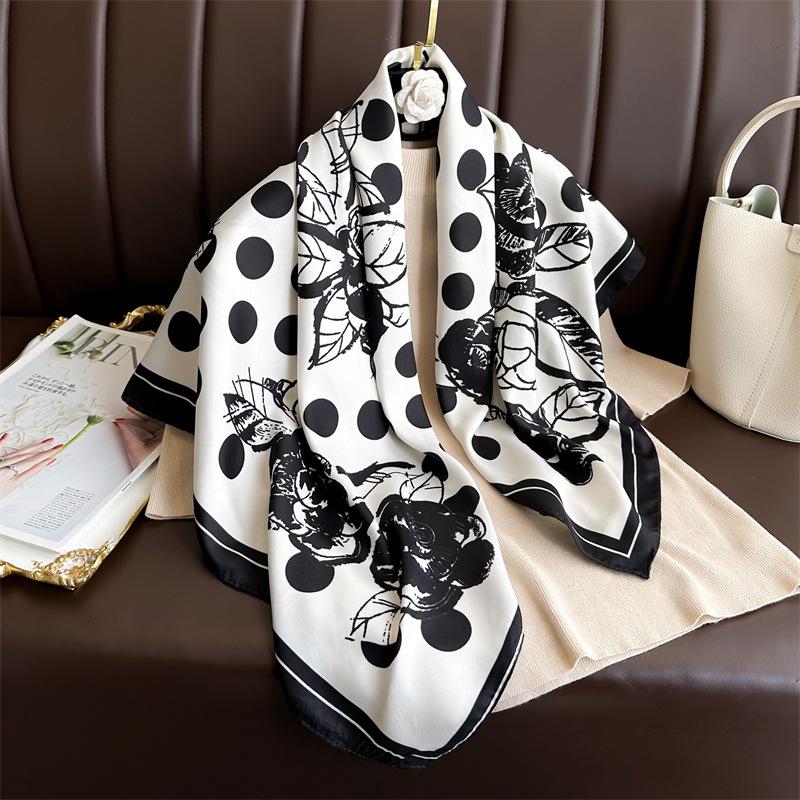 Women's Retro Twill Silk Scarf - 90cm Versatile Shawl for Travel & Sun Protection