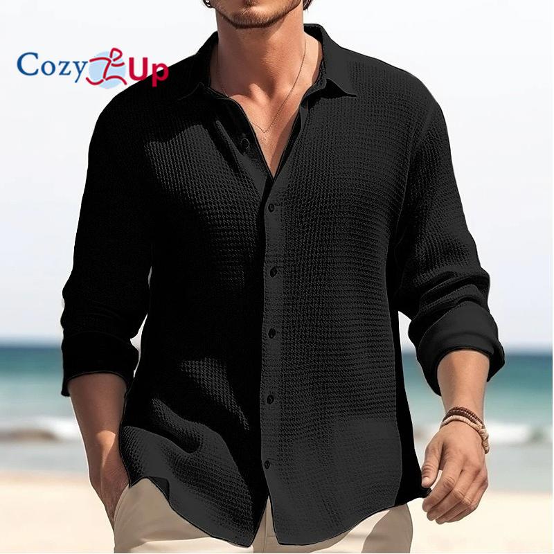 Cozy Up Men's Solid Color Waffle Long Sleeved Shirt Casual Lapel Shirt