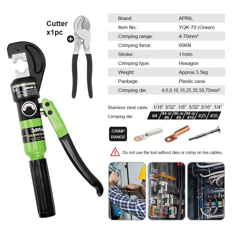 APRIL Hydraulic Crimping Tool YQK-70 Cable Lug Crimper Plier 4-70mm2 Compression Tool Pressure 5-6T Pressure