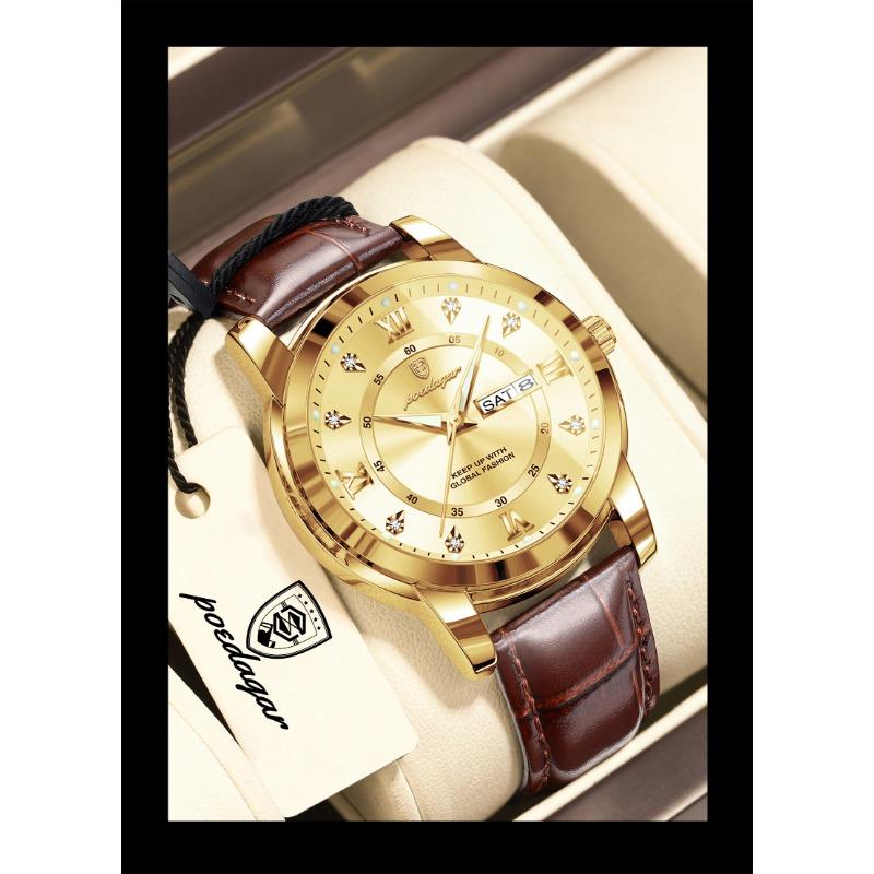 POEDAGAR Luxury Business Male Clock Date Week Waterproof Luminous Gold Wristwatch Casual Fashion Quartz Watches Reloj