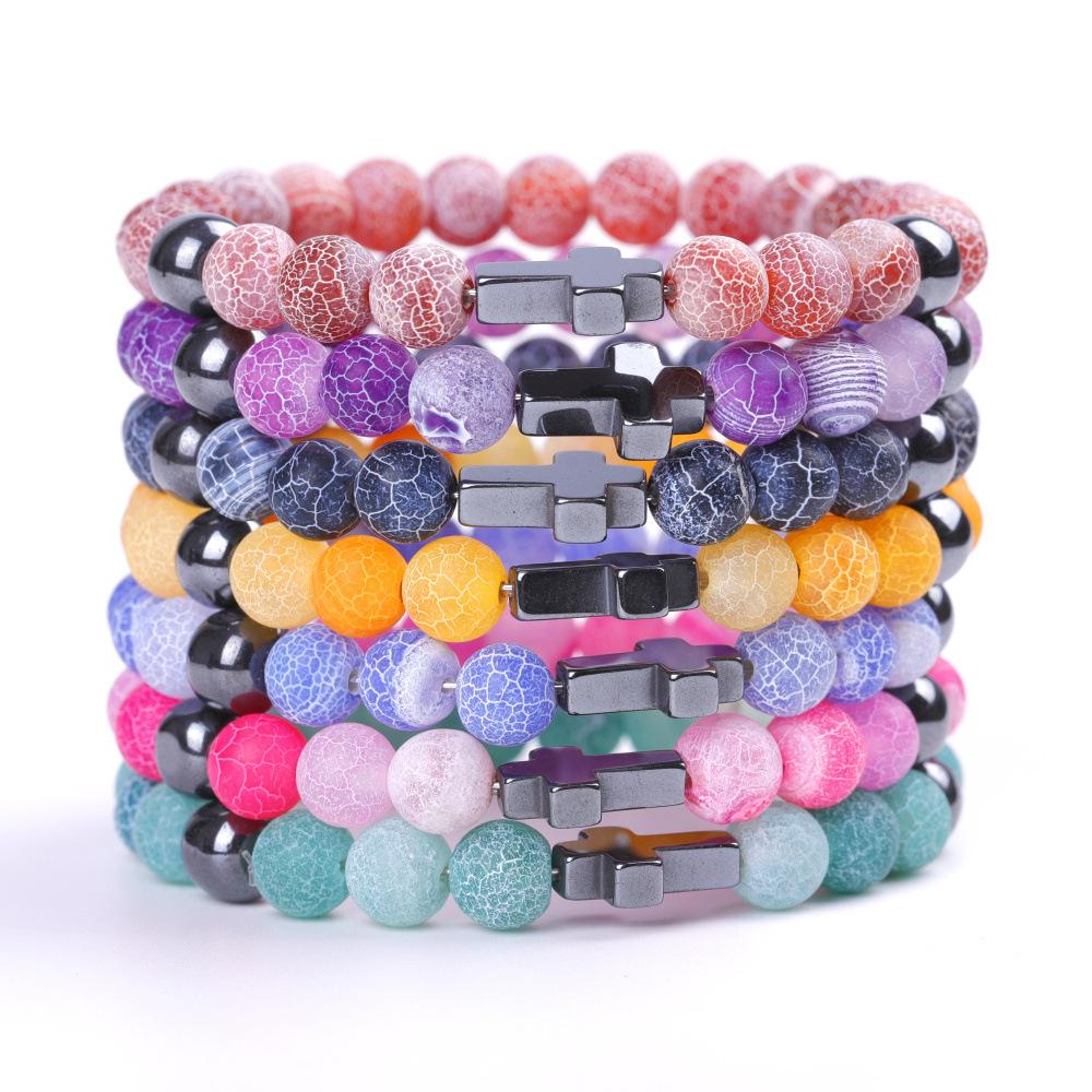 Natural Stone Cross Bracelets Colorful Weathering Agate Cross Elastic Rope Bracelet For Men Women Charm Yoga Jewelry
