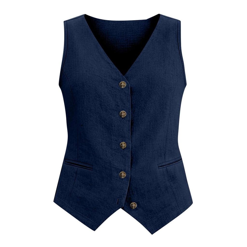 Women Sleeveless Linen Cotton Vest Top with Button Front V Neck Relaxed Fit Casual Summer Blouse Shirt with Pockets