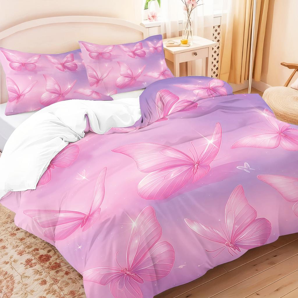 3Pcs Pink Butterfly Patterned Duvet Cover Set, 1 Duvet Cover+2 Pillowcases, Coreless. Soft And Comfortable Bedding Set