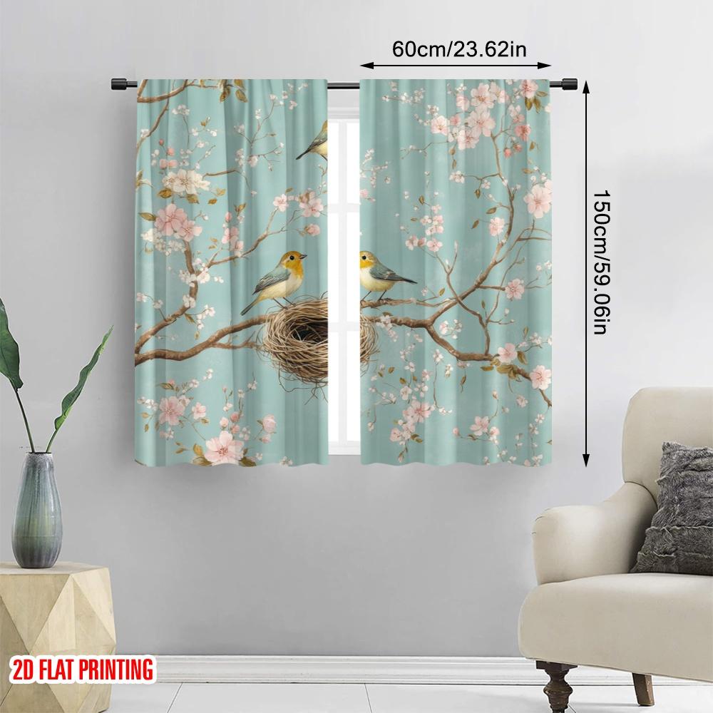 2pcs,2D Plane Printing Window Curtain Springtime Nest Durable 100% Polyester Fabric (without Rod) Outdoor Decorations for