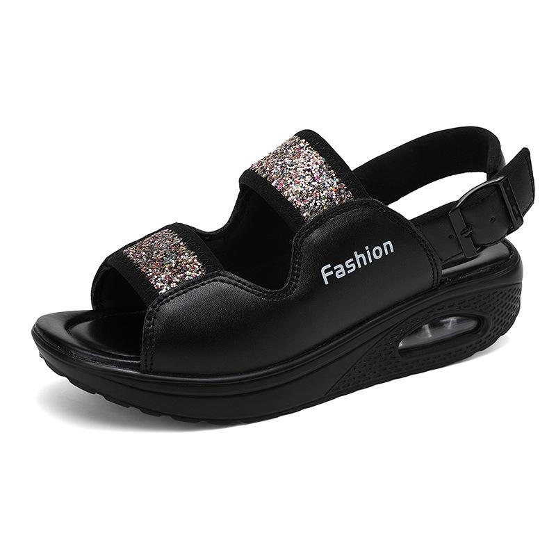 Large size soft leather thick-soled muffin sports sandals women wear new wedge heel heightening beach shoes