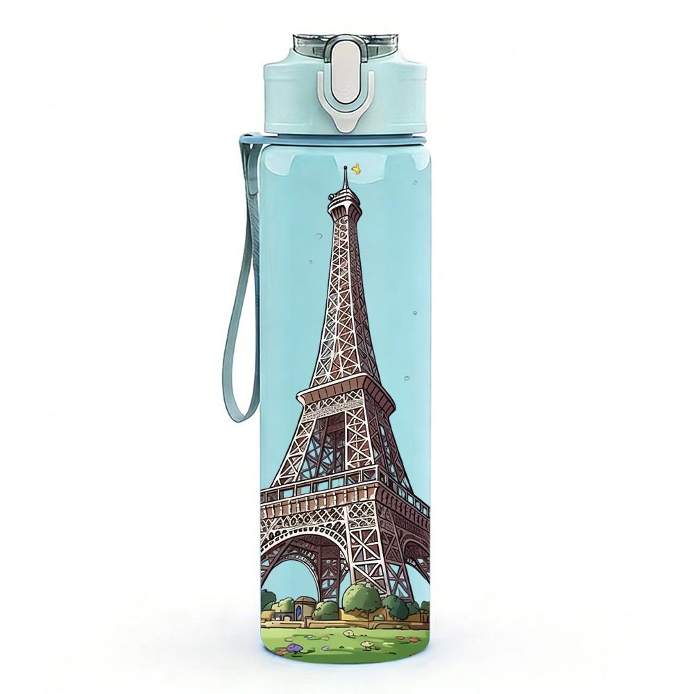 1PC Eiffel Tower Green Grass Scene 750ml Color Plastic Sports Water Bottle Leakproof Flip Straw Lid Suitable for Sports Office Home Use