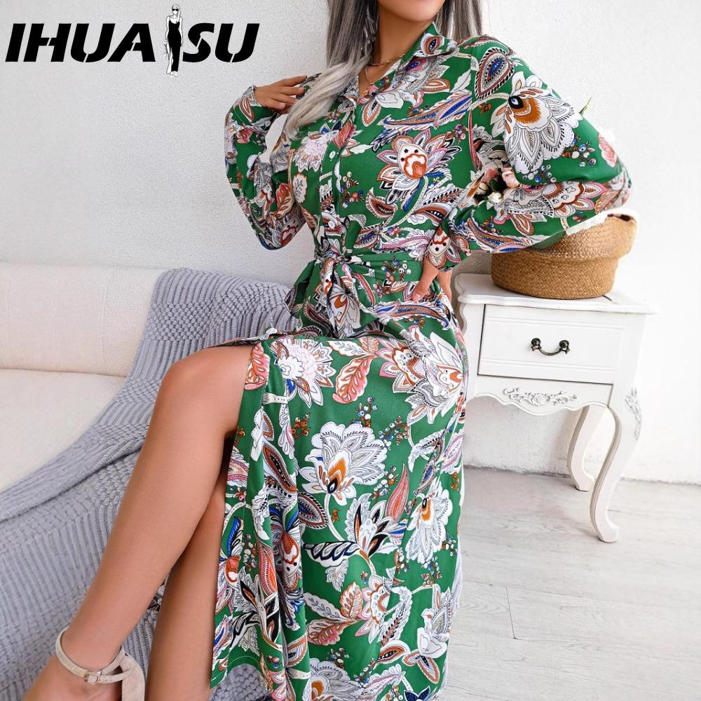 

IHUASU Женское платье-рубашка с длинным рукавом и цветочным воротником в стиле ретро на весну-лето XL зелёный