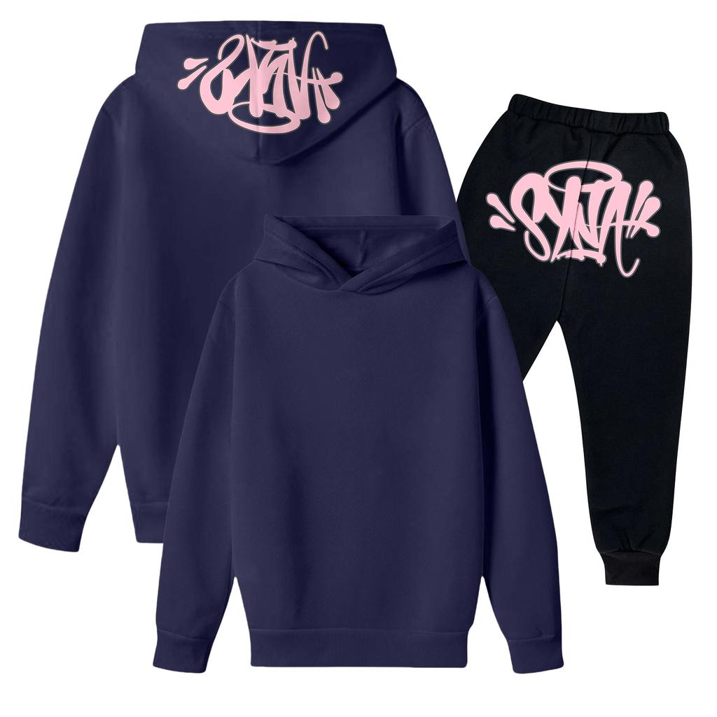 Kids' Long Sleeve Loose Pullover Letter Print Drawstring Hooded Sweatshirt Set