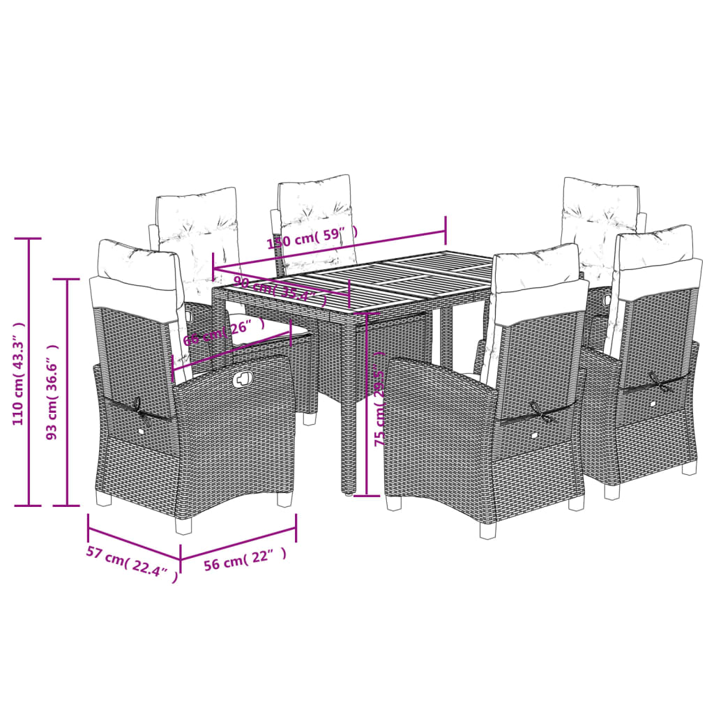 7 Piece Outdoor Dining Set with Cushions Black Poly Rattan