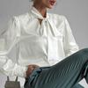 Elegant Womens V-Neck Long Sleeve Blouse With Lace Trim Adjustable Tie Bow 2026 Lightweight Shirt