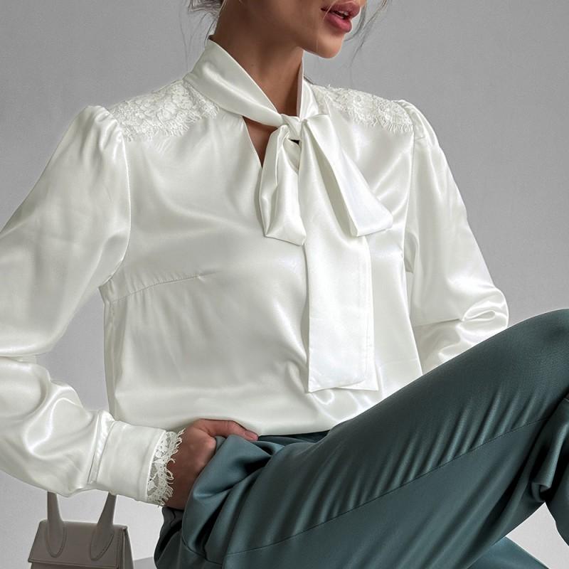Elegant Womens V-Neck Long Sleeve Blouse With Lace Trim Adjustable Tie Bow 2026 Lightweight Shirt