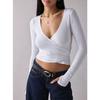 Women S Slim Fit V Neck Long Sleeve T Shirt With Cross Waist Wrap