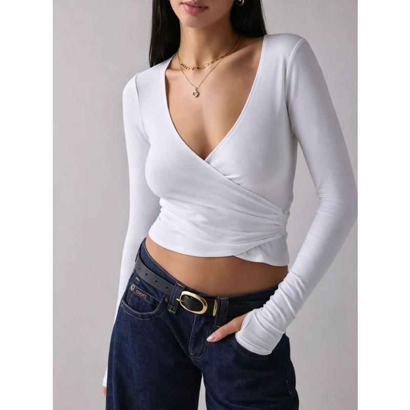 Women S Slim Fit V Neck Long Sleeve T Shirt With Cross Waist Wrap