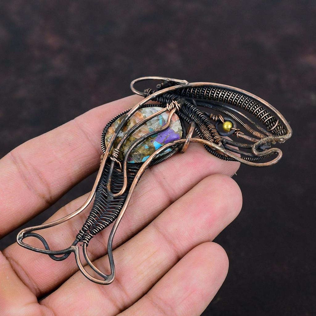 Spiny Oyster Kupfer Türkis Anhänger Kupferdraht gewickelt Edelstein Anhänger handgemachter Kupferschmuck Fisch Anhänger für Geschenk Draht Wickelschmuck