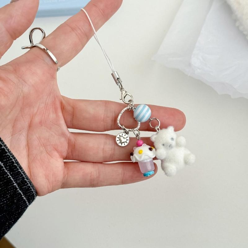 Cute Ice Cream Keychain Soft Flocking Bear Pendant Charm Phone Chain Beaded Lightweight Decoration For Women Gifts