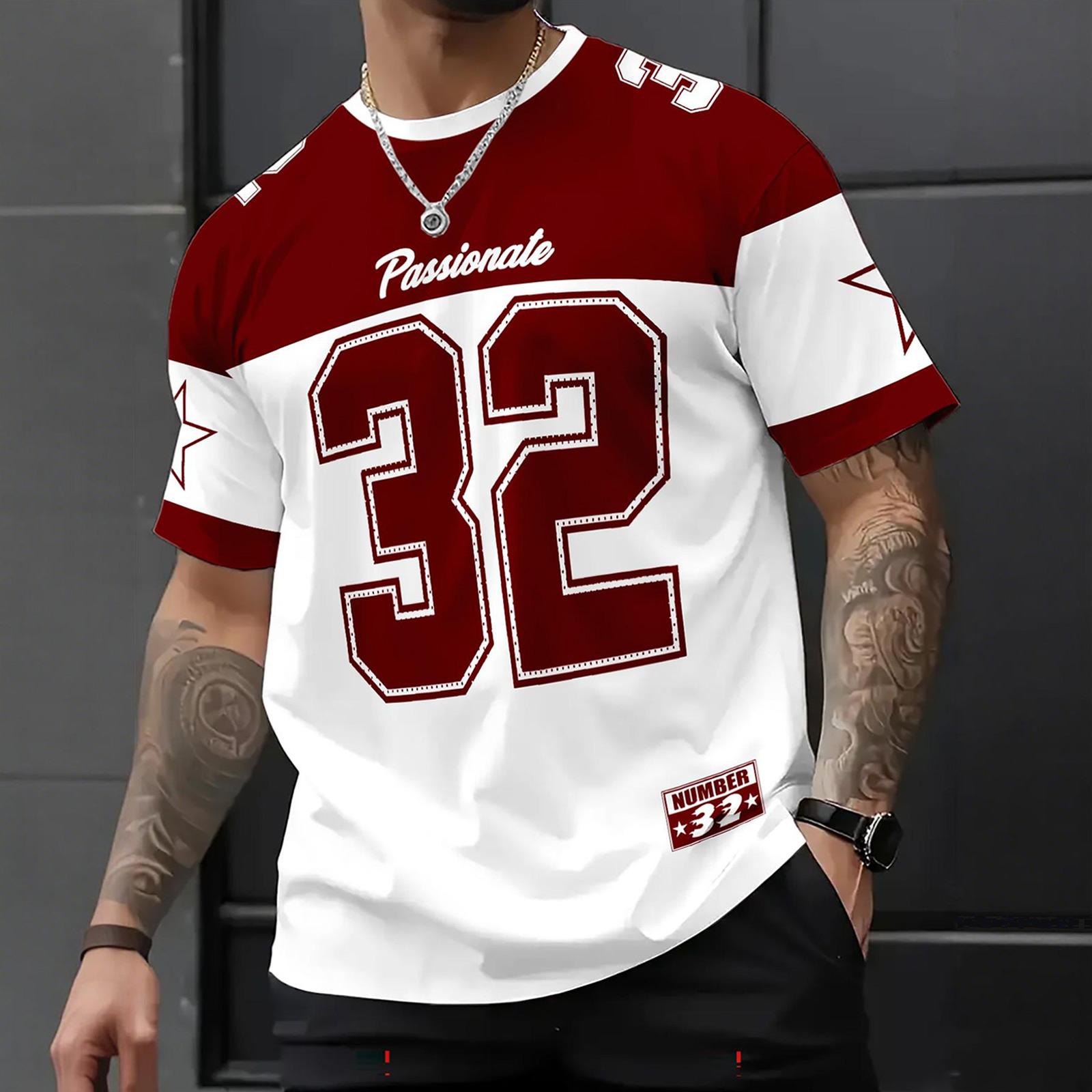 DXH Heren Korte Mouw Ronde Hals T-shirt met Cijferprint Losse Pasvorm Casual Sportkleding Top voor Dagelijks Gebruik en Buitenactiviteiten L rood