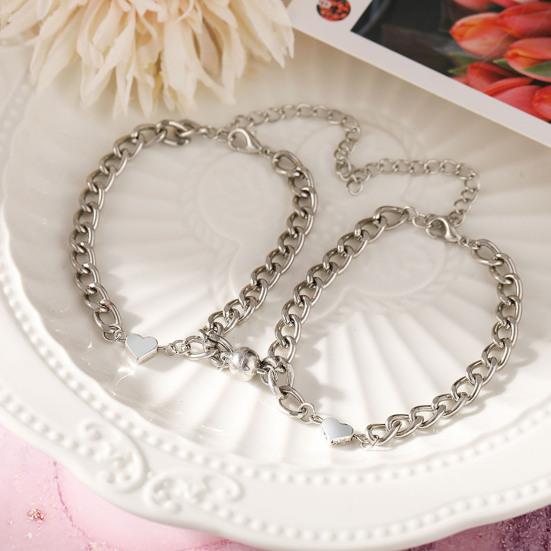 1 Pair Couple Bracelets Solid Color Smooth Edge Polished Matching Heart Pendant Couple Hand Chain Gift