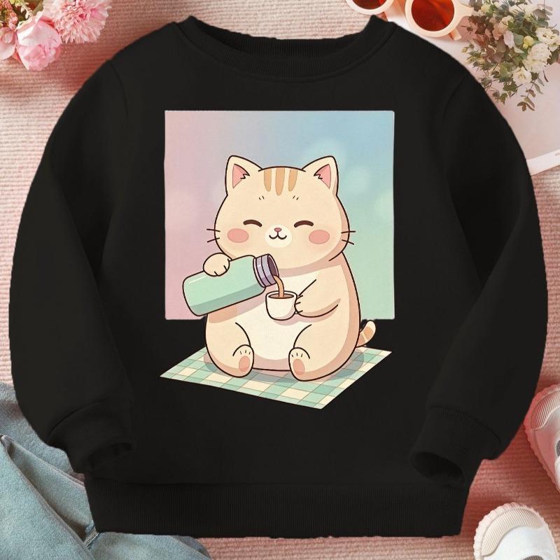 Kids Loose Crewneck Sweatshirt, Cute Cartoon Cat Print Trendy All-Match Long Sleeve Top for Spring Autumn