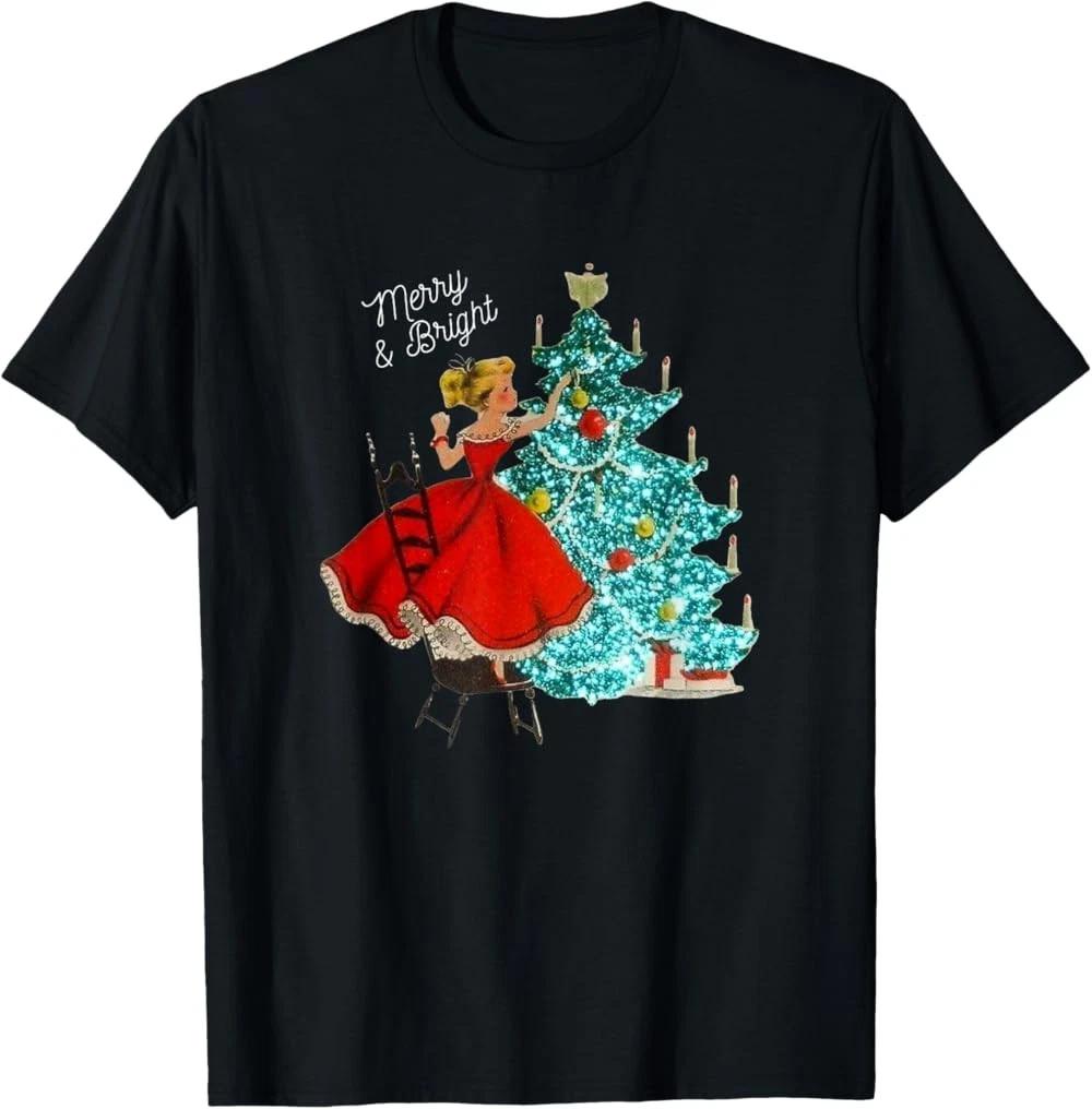 NEW LIMITED Cute Vintage Merry and Bright Girl Decorating Christmas Tree T-Shirt XXXXL