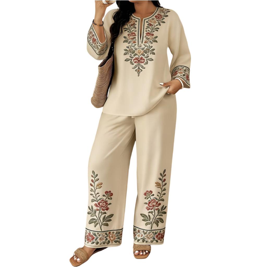 Women's Two Piece Set Loose Fit Embroidered Top and Wide Leg Pants Comfortable Casual Outfit for Daily Wear