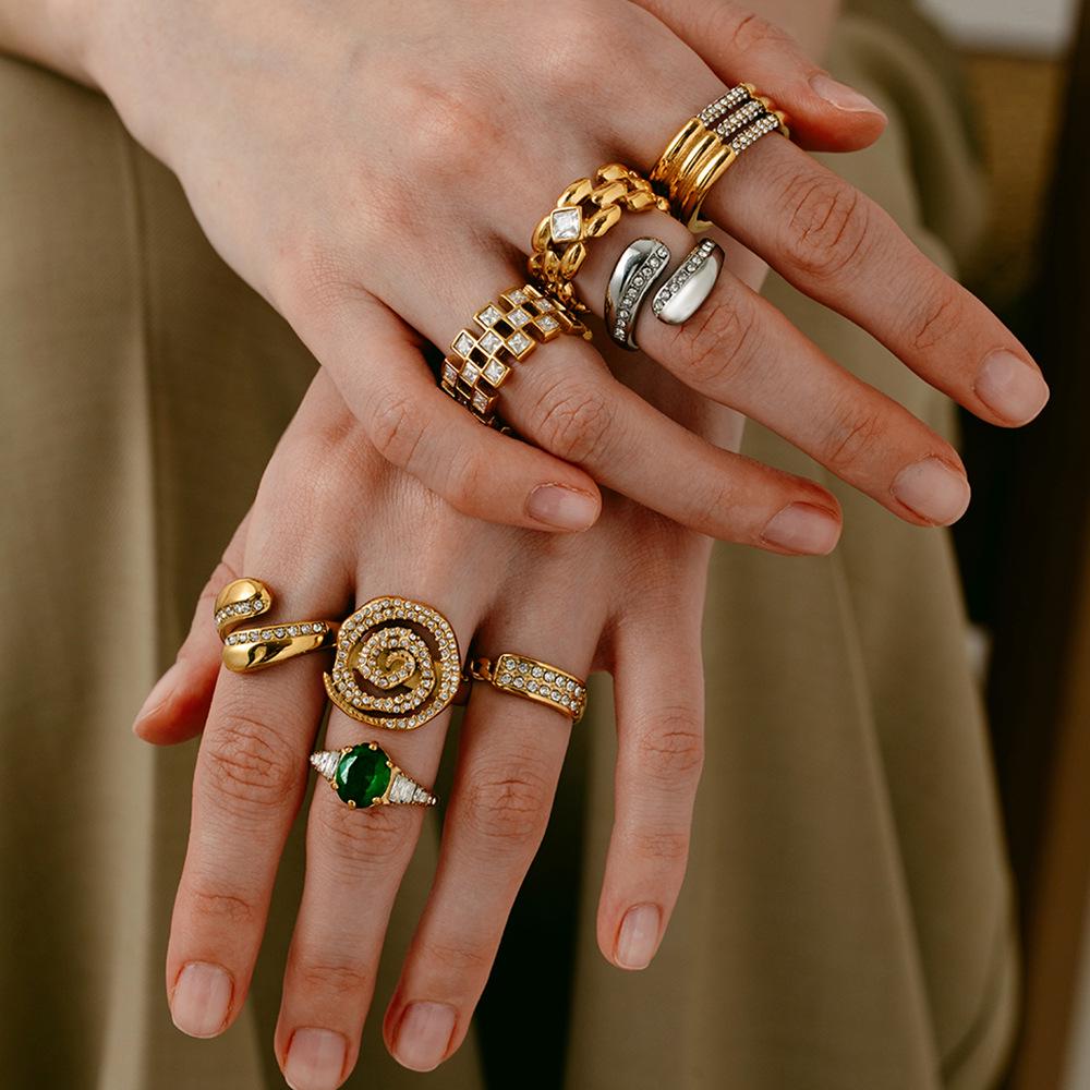 18K Gold Plated Zircon Geometric Multi-layer Spiral Ring for Women - Waterproof Stainless Steel with Rhinestones