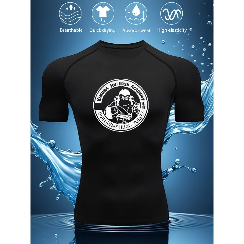 Mens White Compression Short Sleeve T-Shirt Cartoon Monkey Weightlifting Graphic Quick Dry High Elasticity Gym Workout And BJJ Athletic Top