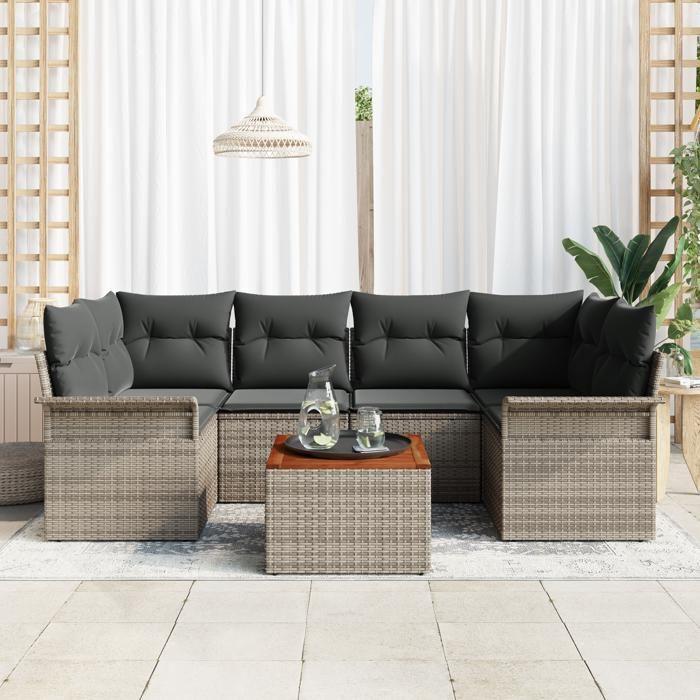 Ensemble de Canapé de Jardin 7 pièces vidaXL avec Coussins Gris Poly Rattan Acacia, Canapé de Jardin 2 places vidaXL 3355948