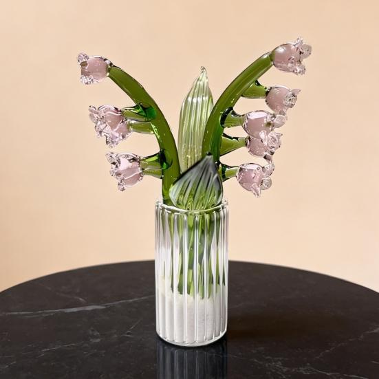 Mini Glass Lily of The Valley Flower Figurine Handmade Faux Crystal Small Flower Bouquet Collectible Ornaments for Mother's Day Birthday Valentines