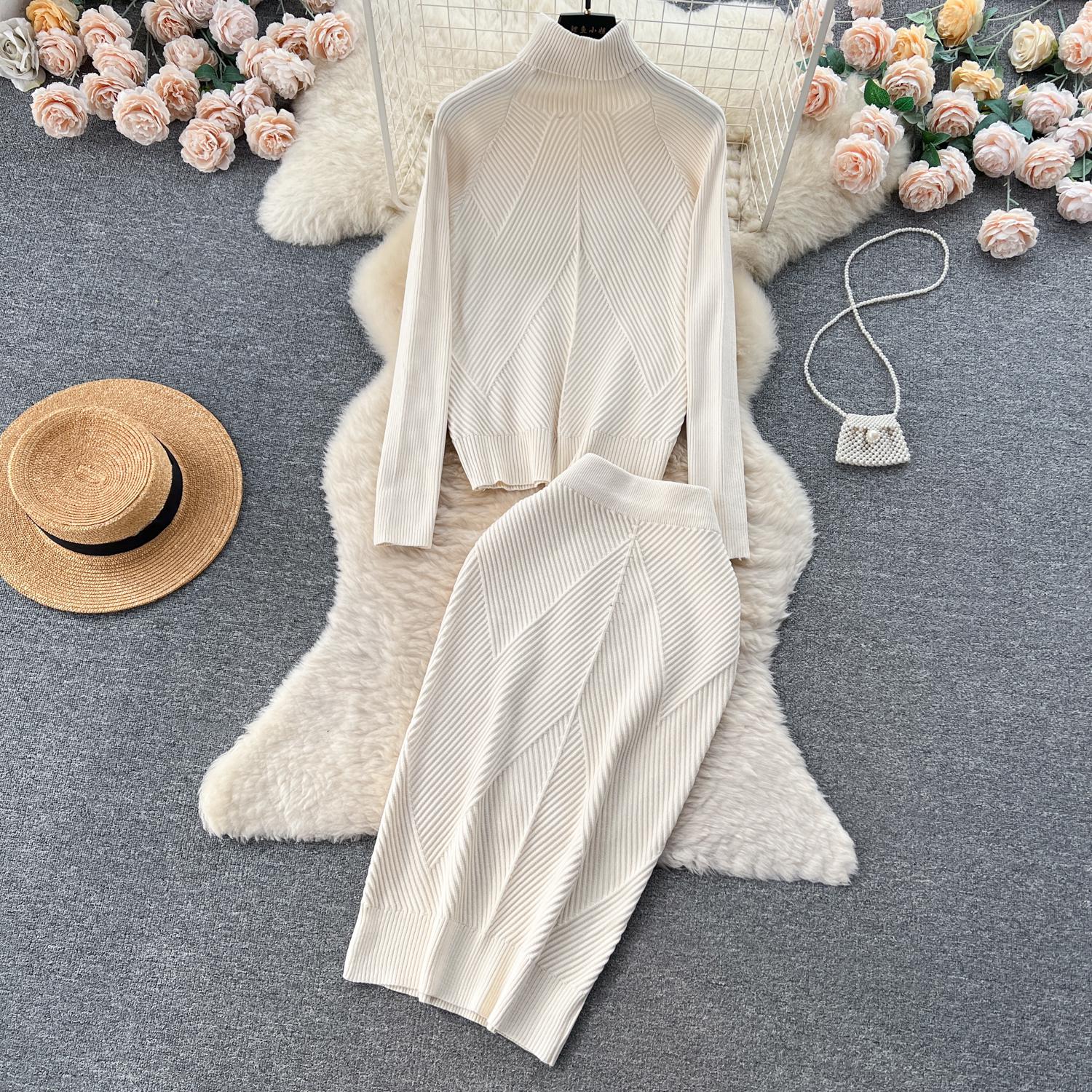

Осенне-зимний женский элегантный свитер с высоким воротом в сплошную полоску, трикотажный пуловер, топы + узкая юбка на резинке, шикарный костюм из двух частей One Size бежевый