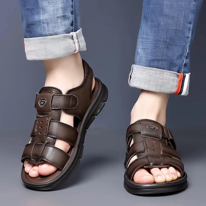 Fashion 2024Men's Sandals Luxury Genuine Leather Sandal Outdoor Casual Sandals Non Slip Beach Shoes for Men Driving Sandalias Big Size47