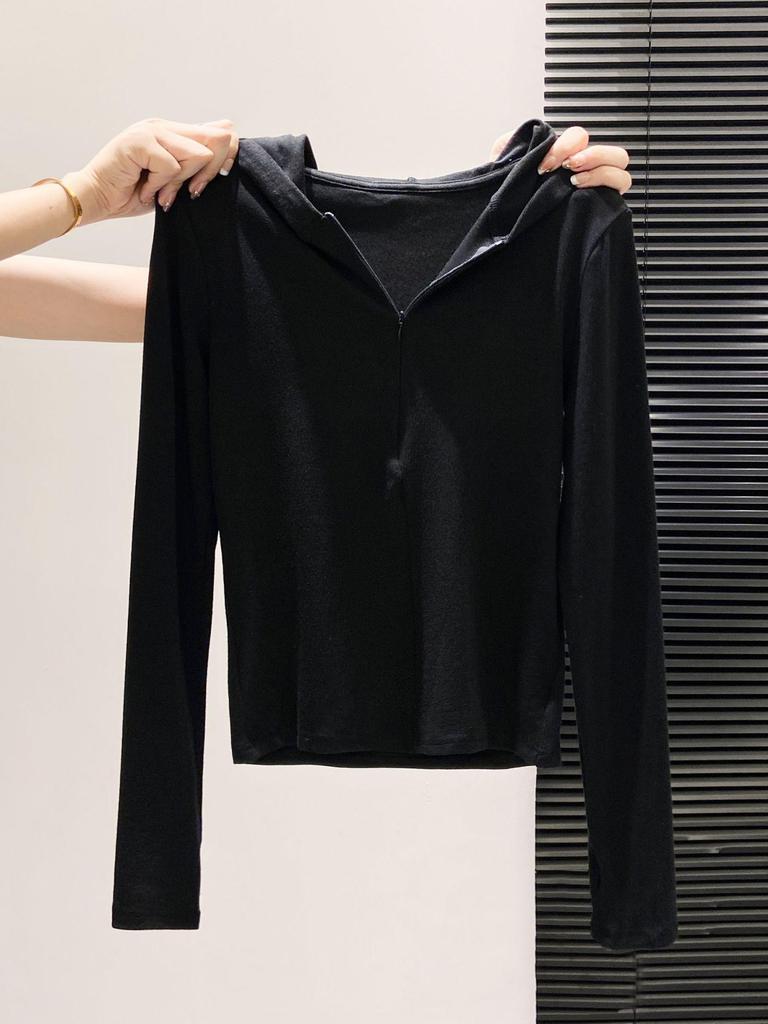Women's Petite Slim Fit Hooded Half-Zip Long-Sleeve T-Shirt - Ideal Base Layer for Spring, Autumn, Winter