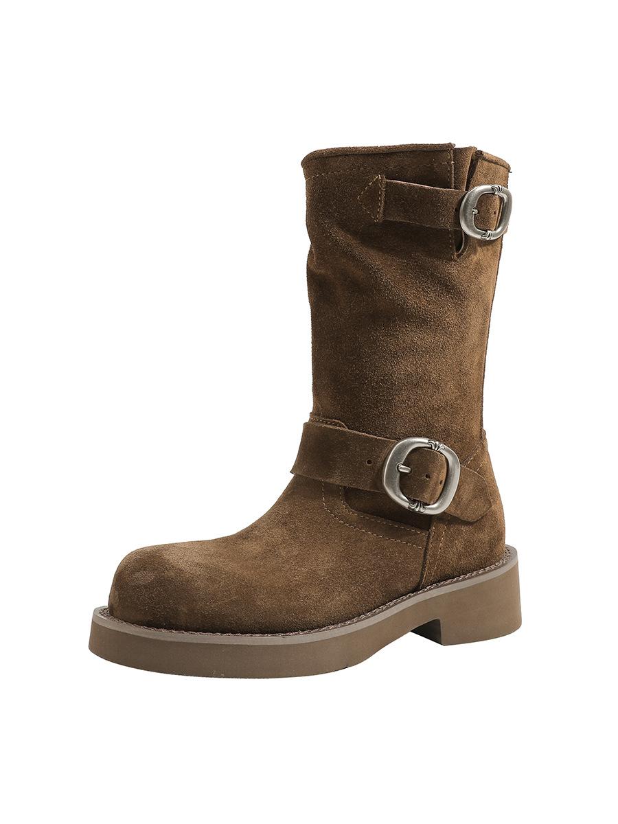 

Версия из овчины~ Кожаные ботинки Мартин на платформе с круглым носком, ковбойские ботинки в западном стиле, женские универсальные полусапоги с пряжкой на ремне, короткие ботинки, тренд 40 хаки