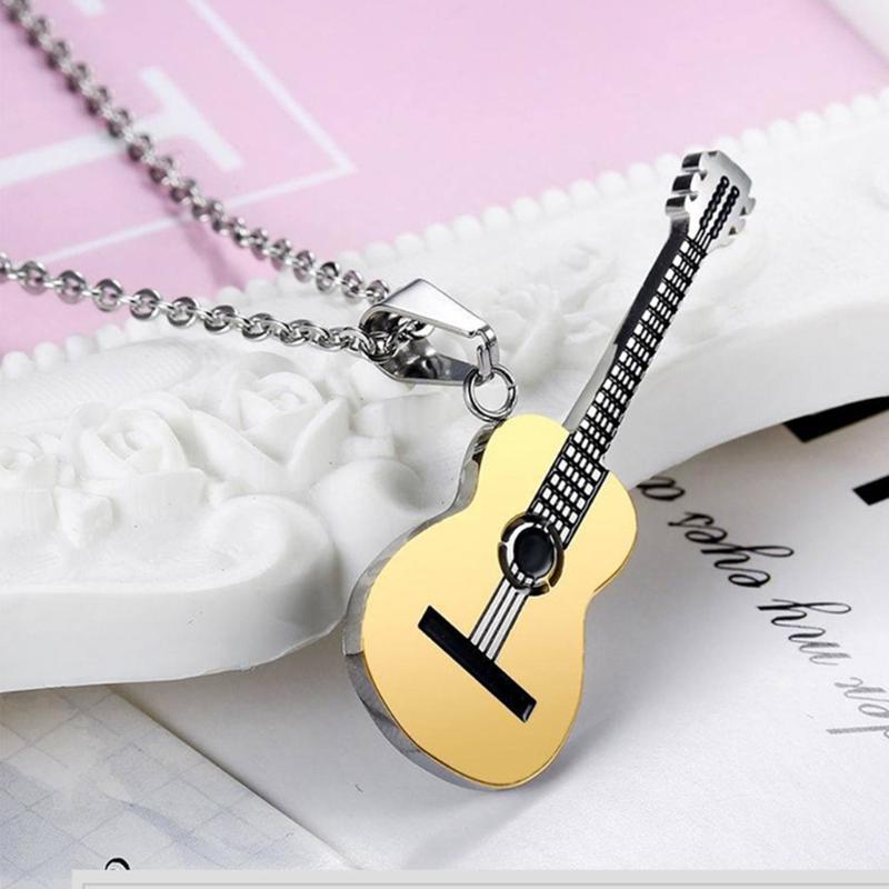 Musical Guitar Pendant with 60cm/24in Chain Hip Hop Music Style Stainless Steel Guitar Pendant Jewelry Personalized Gift