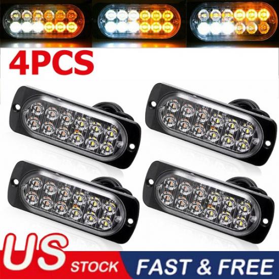 

4xAmber White Strobe Light 12LED Car Truck New Beacon Warning Hazard Flash