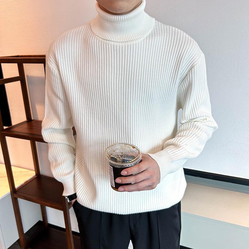 Men's Korean Style Ribbed High Neck Sweater - Autumn/Winter Versatile Long Sleeve Knitwear