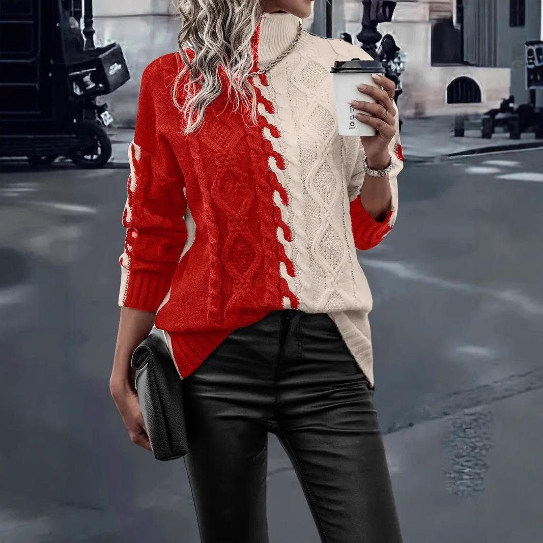 

Women s High Neck Color Block Sweater with Zigzag and Braided Pattern, Black and White Contrast Pullover XL