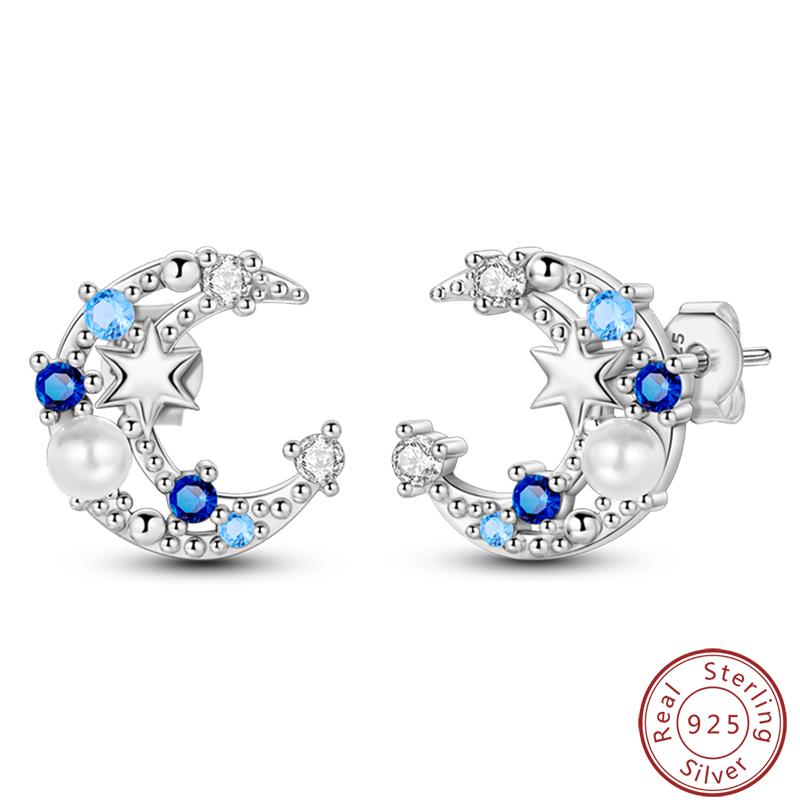 

Женские Элегантные Серьги из 100% Серебра 925 Пробы Солнце Луна Звезда Синий Сверкающий Циркон Подходят для Свадьбы Изысканные Ювелирные Изделия Подарки