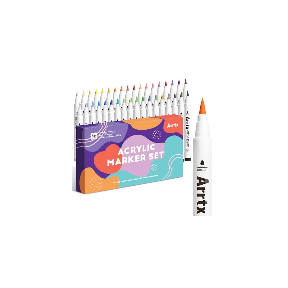 Arrtx Acrylic Markers with Brush Tips, 36 Colors, for Plastic Models and DIY Crafts