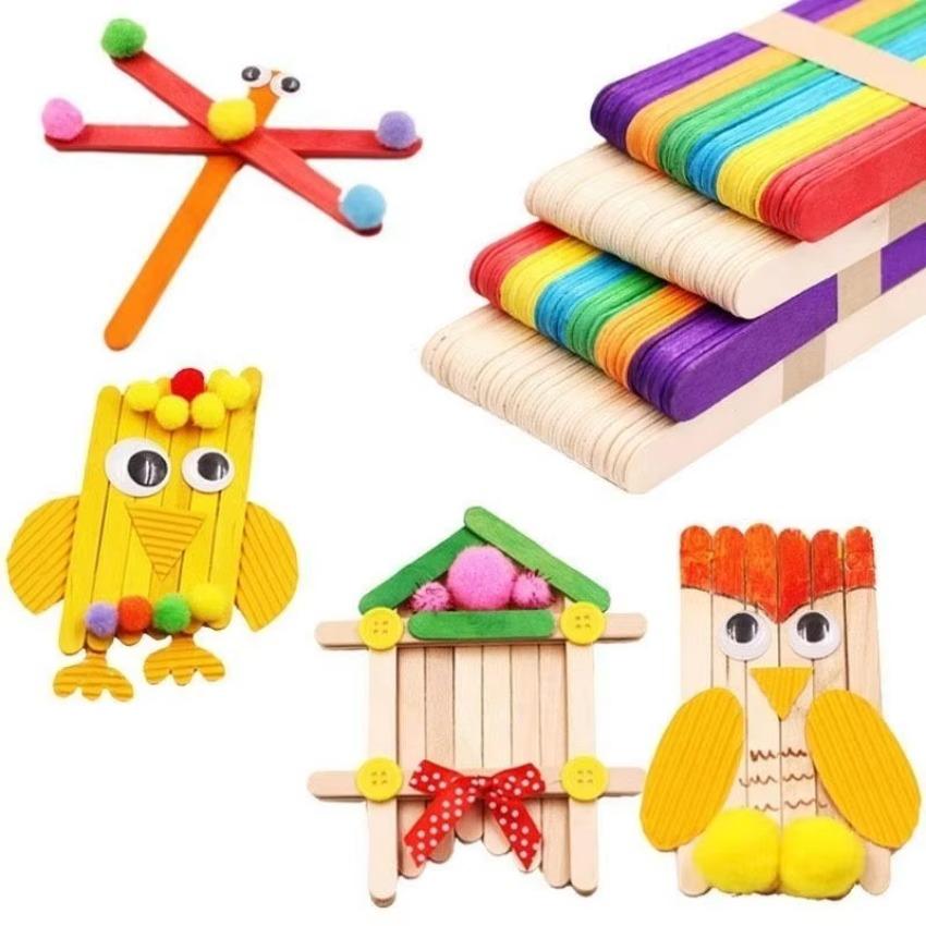 50 Stück/Lot Farbige Holzstäbchen Naturholz Eisstiele Kinder DIY Werkzeug Holzdekoration Placa Madera Bastelarbeiten